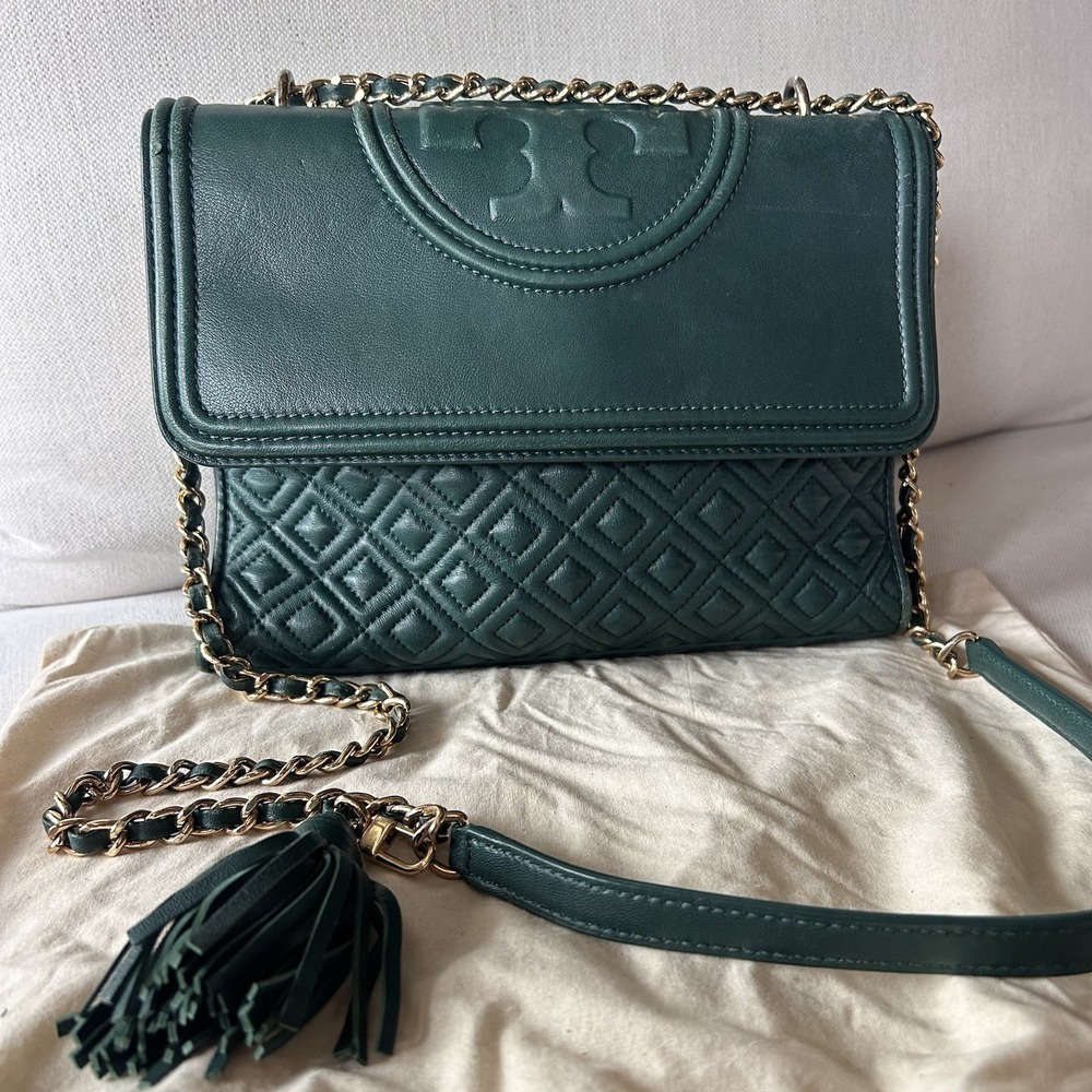 Tory Burch Fleming hunter green Quilted Leather Convertible Shoulder Bag
